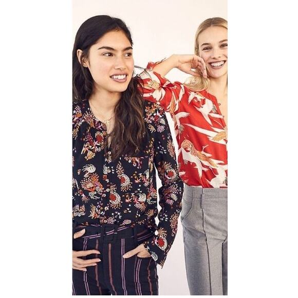 Anthropologie Conversations 28 of 52 Colloquial Peacock Collarless Button Down - Picture 4 of 15